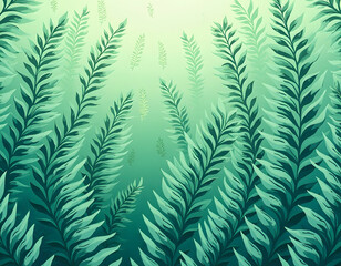Underwater foliage tranquility in muted green shades, painted artistic illustration