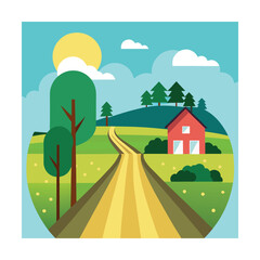 Fototapeta premium Flat Vector Countryside Landscape with House, Road, and Trees