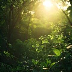 Enchanting forest scene with warm sunlight streaming through tall trees creating a dreamy view