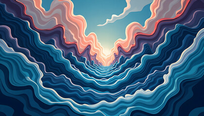 Whimsical rendition of sky meeting stylized ocean waves in pastel shades illustration