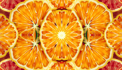 Abstract kaleidoscopic pattern featuring vibrant orange citrus fruit segments
