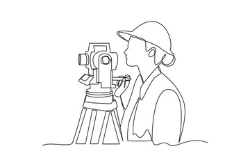 Simple continuous line drawing of surveyor engineer setting equipment. Engineer minimalist concept. Surveyor engineers with equipment, theodolite or total positioning station on the construction site