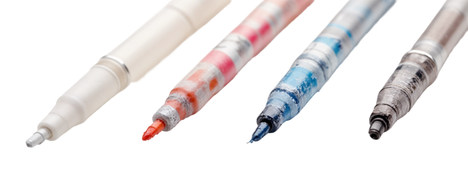 A close up of four different colored markers
