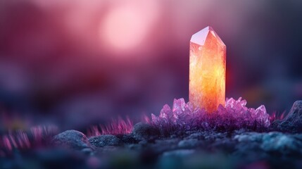 A beautiful crystalline structure emanates a warm glow, surrounded by a mesmerizing purple backdrop, creating an enchanting atmosphere that captivates the viewer's imagination.