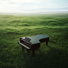 Visual contrast black piano green landscape musical expression natural harmony surreal peaceful photography scene