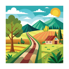 Fototapeta premium Colorful Countryside Landscape Illustration with House and Mountains