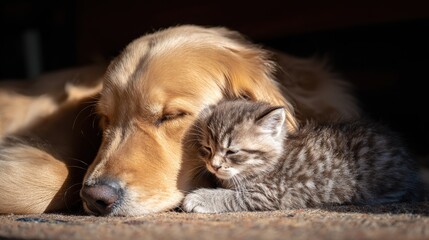 Golden retriever and kitten sharing a quiet moment, a heartwarming bond between unlikely friends.