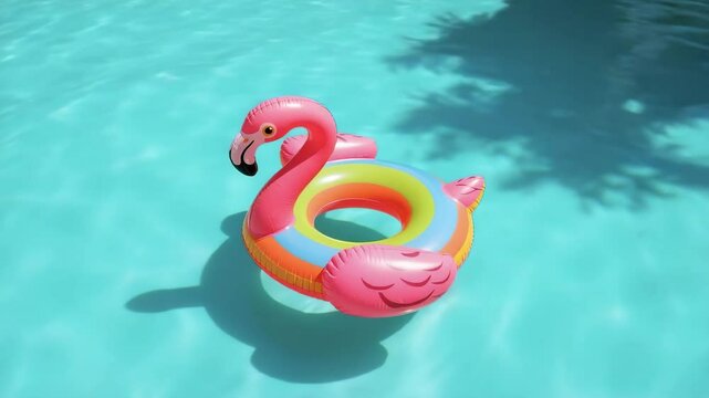 The camera slowly zooms in toward a pink flamingo float drifting on turquoise pool water, rocking softly in the sunlight with shimmering reflections and relaxing vacation vibes.