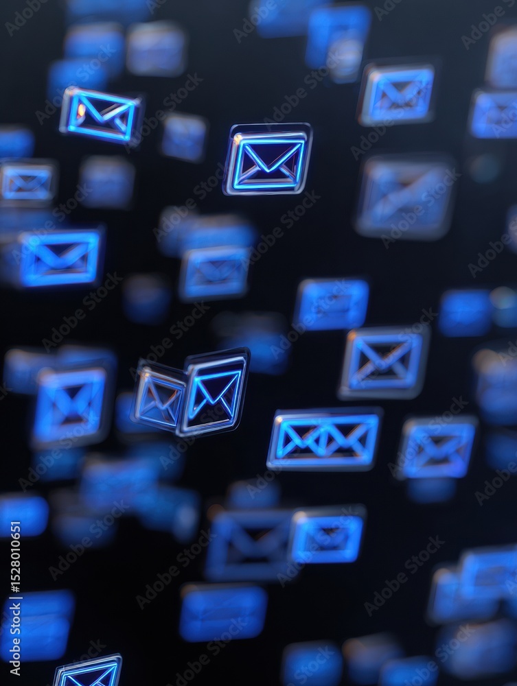 Poster Floating Spam Icons in Virtual Inbox Create a Cluttered Digital Atmosphere With Clear Space at the Top Indicating an Organized Layout