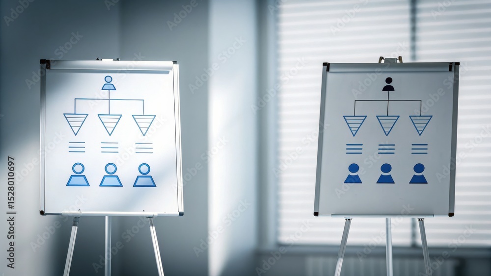 Poster two flip charts display organizational hierarchy diagrams in a modern office with natural light.