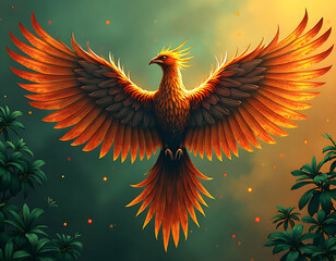 Majestic phoenix with fiery wings soaring against a twilight backdrop