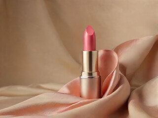Pink lipstick in gold tube displayed elegantly on soft beige fabric, creating luxurious and feminine aesthetic