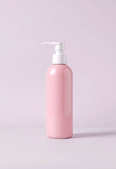 Pink plastic pump bottle on pastel background, ideal for skincare or cosmetic product packaging