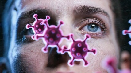 A woman’s eyes dart rapidly as glowing virus-like particles approach, the camera pulls back while high-frequency glitch effects and flashing overlays simulate a digital infection warning sequence. - Powered by Adobe