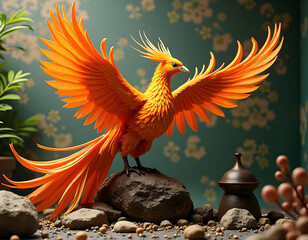 Majestic orange phoenix spreading its wings on rocky perch floral background