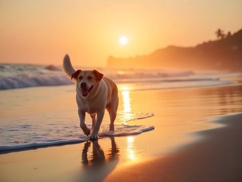 A dog walking on the beach at sunset
