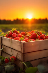 Strawberries harvested in a wooden box in a field with sunset. Natural organic fruit abundance. Agriculture, healthy and natural food concept. Vertical composition.