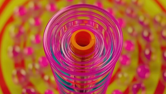 Abstract concentric circles, vibrant colors, geometric design, layered translucent tubes
