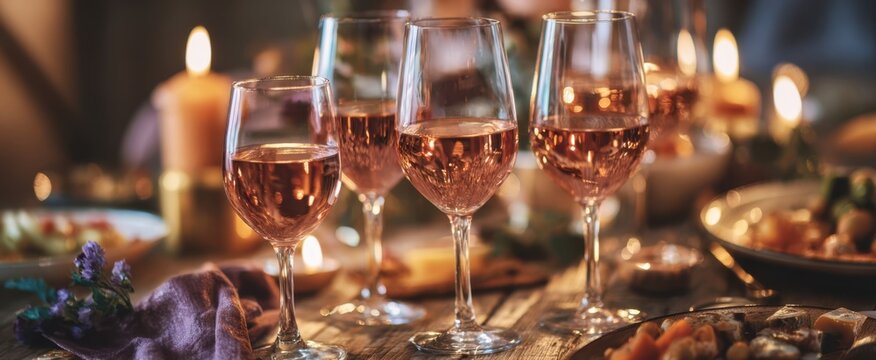 The elegant display of rose wine glasses on a beautifully set dinner table.
