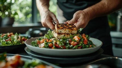 A skilled chef garnishes a vibrant salad topped with grilled tofu, showcasing the art of healthy eating and culinary expertise in a modern kitchen filled with fresh ingredients.