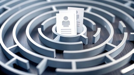 A stack of resumes sits at the center of a circular maze, symbolizing the complexity of job searching or recruitment processes.