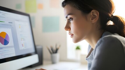 Focused woman looking at a computer screen while engaged in work or personal projects indoors