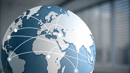 A digital globe with network connections symbolizes global communication and connectivity.