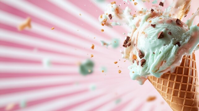 A visually stunning depiction of ice cream exploding from a waffle cone, showcasing vibrant colors and textures that create an appealing summer vibe.