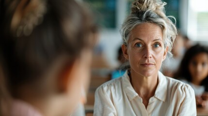 An adult woman attentively listening to someone in a classroom setting, emphasizing the importance of education, curiosity, and engagement in learning.