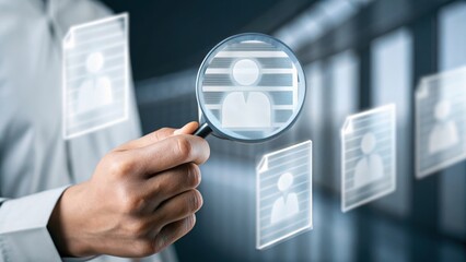 Businessperson analyzing digital profiles with a magnifying glass, focusing on candidate selection and recruitment in a virtual environment.