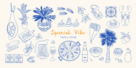 Spanish vibe set in sketch style. Hand drawn Mediterranean food, paella, sangria, tapas, gazpacho, churros, chorizo, jamon. Coastal collection for card, prints, wedding, menus design.