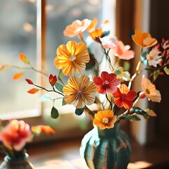 Beautiful vase of fresh flowers positioned gracefully in front of a bright window creating a nature scene