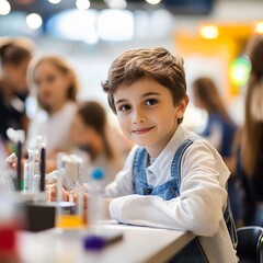 A young boy sitting at a table engrossed in creative activities with various art supplies nearby