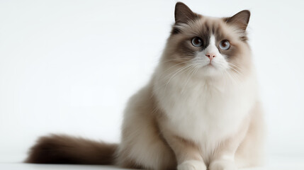 Fluffy Ragdoll Cat Sitting On White Background