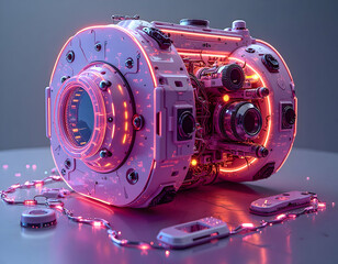 Futuristic robotic eye with intricate internal mechanisms and neon accents