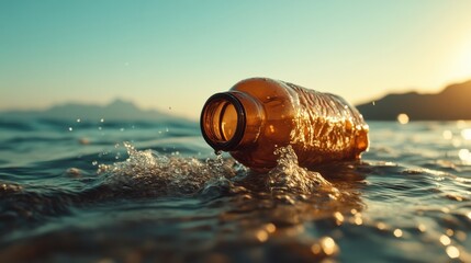 A plastic water bottle adrift in shimmering waters during sunset highlights environmental pollution, capturing a moment of beauty intertwined with a cautionary tale about waste.