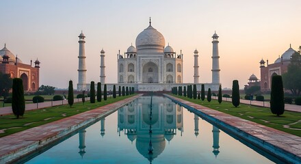 Obraz premium Majestic Taj Mahal at Sunrise A Symbol of Love and Architectural Grandeur