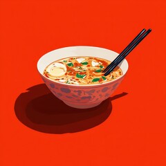 Illustration of a bowl of ramen soup with chopsticks.