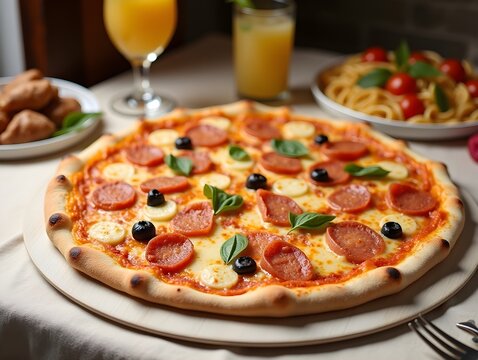 Gourmet Food Selection with Pizza Pasta and Drinks