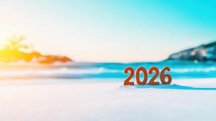 Beach scene with sandy number 2026 during sunset by the ocean