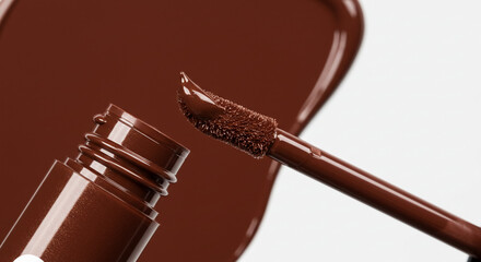 Minimalist packaging of brown lip gloss on minimalist background, chocolate tone, makeup, cosmetics, wet effect