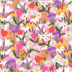 Seamless pattern with hand drawn spring flowers on pink background. Tulips, crocuses, daffodils. Botanical trendy design for print, fabric, wallpaper or wrapping paper.