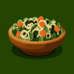 A colorful illustration of a mixed green salad in a wooden bowl.
