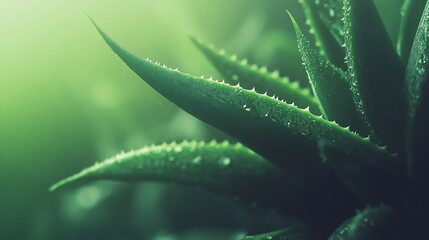 Fototapeta premium Aloe Vera Plant Closeup, Dew Drops, Lush Green