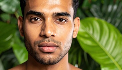 Close-up portrait of a young man with a strong jawline and a neutral expression, green tropical leaves in the background