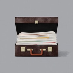 Brown briefcase filled with documents.