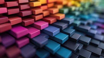 An abstract visualization of colorful blocks arranged in gradient patterns, showcasing depth and perspective; ideal for illustrating concepts of diversity and modernity in design.