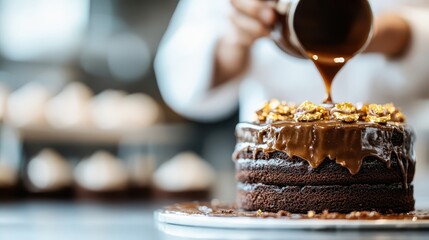 A gourmet baker pours rich chocolate sauce over a decadent cake, showcasing culinary artistry and the joy of baking, offering a visual delight for dessert lovers.