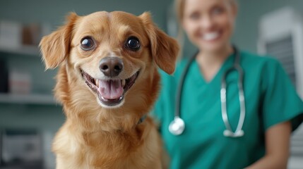 A happy dog sits at a veterinary clinic, radiating joy while being attended by friendly staff, symbolizing care, trust, and the loving bond between pets and their owners.