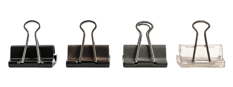 A set of four black and clear binder clips